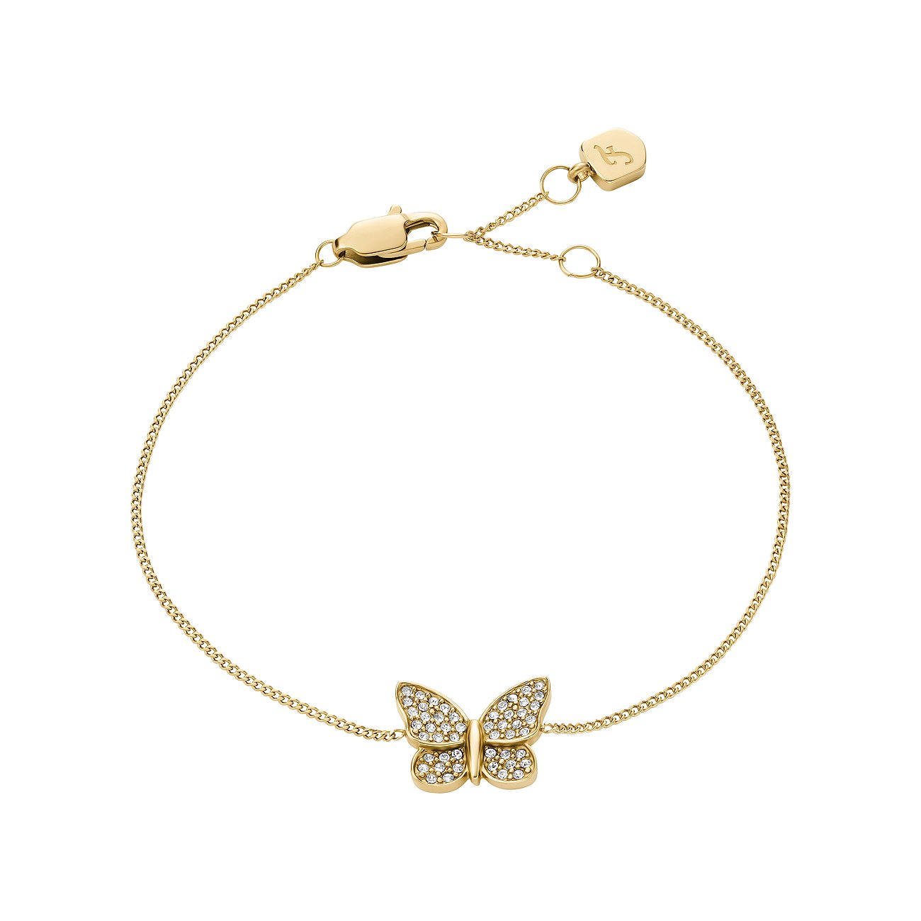 Fossil Armschmuck, ein goldenes Edelstahl-Armband mit einem schmetterlingsförmigen Anhänger, besetzt mit Glassteinen.