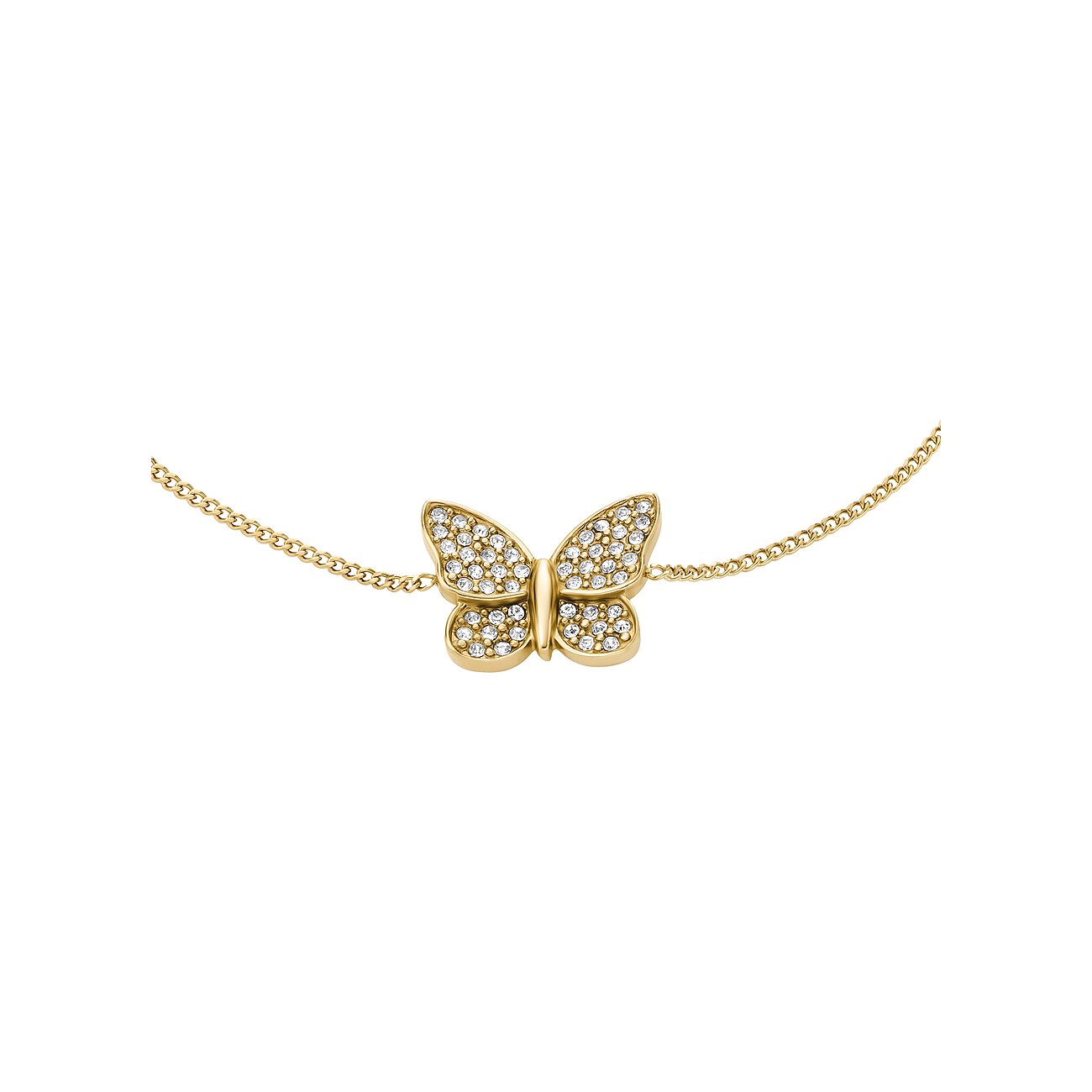 Fossil Armband aus goldfarbenem Edelstahl mit Schmetterling, besetzt mit funkelnden Glassteinen.