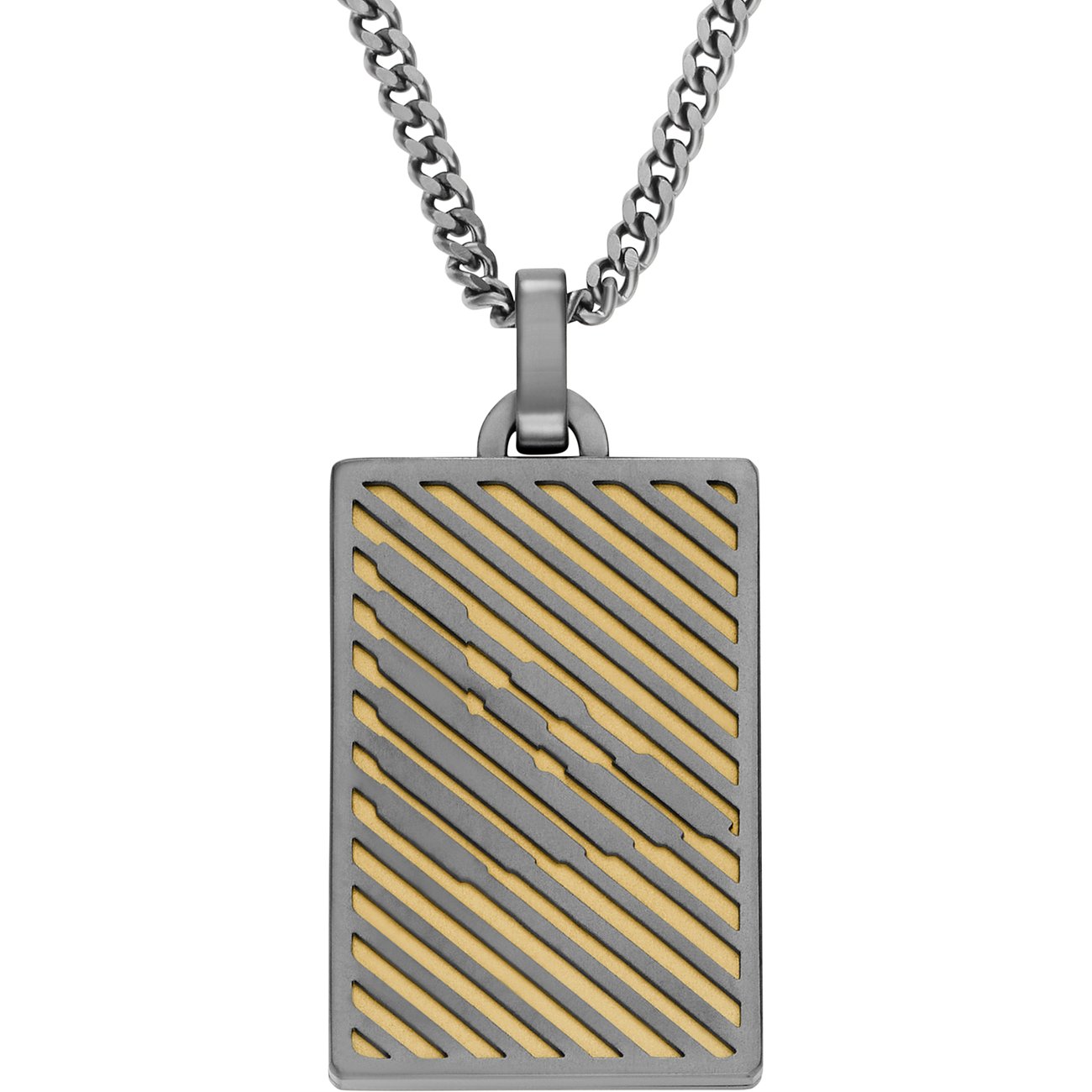 Emporio Armani Halskette aus Edelstahl mit rechteckigem Anhänger und diagonalen goldenen Streifenmuster.