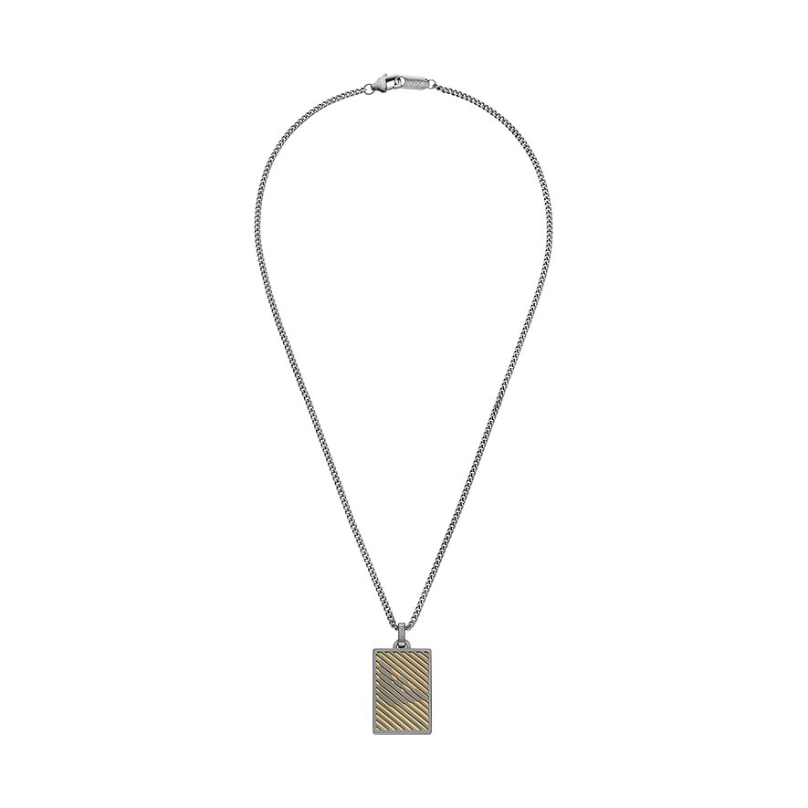 Emporio Armani Edelstahlkette mit rechteckigem Anhänger. Diagonal gestreiftes Muster in Gold und Silber.