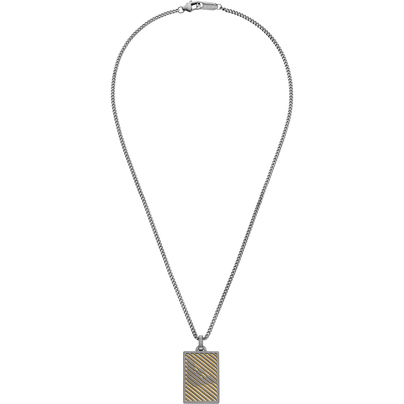 Emporio Armani Edelstahlkette mit rechteckigem Anhänger. Diagonal gestreiftes Muster in Gold und Silber.