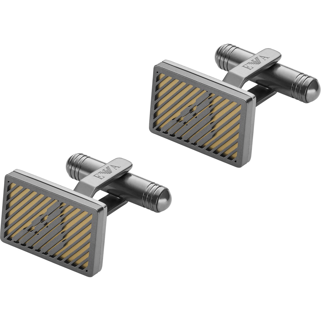 Rechteckige Emporio Armani Manschettenknöpfe aus Edelstahl mit schwarzem Gittermuster über goldenem Hintergrund.