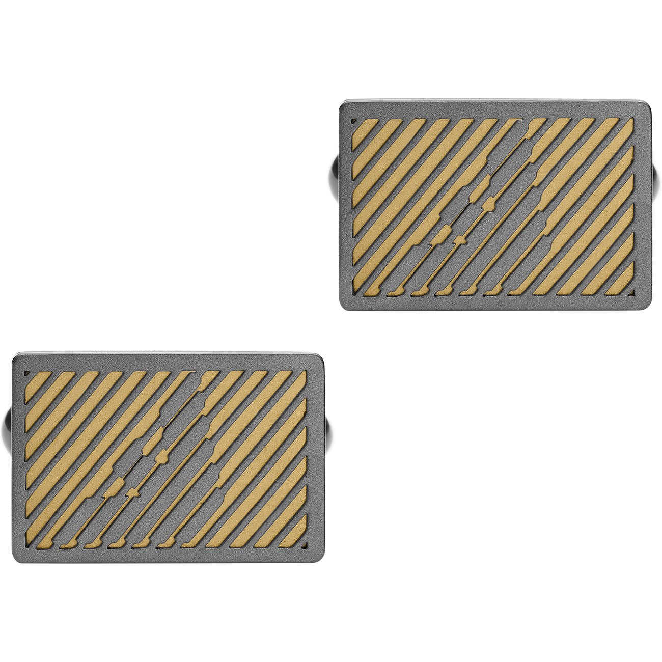 Emporio Armani Ansteckschmuck aus Edelstahl: Zwei rechteckige Manschettenknöpfe in Schwarz mit goldenen Streifen.