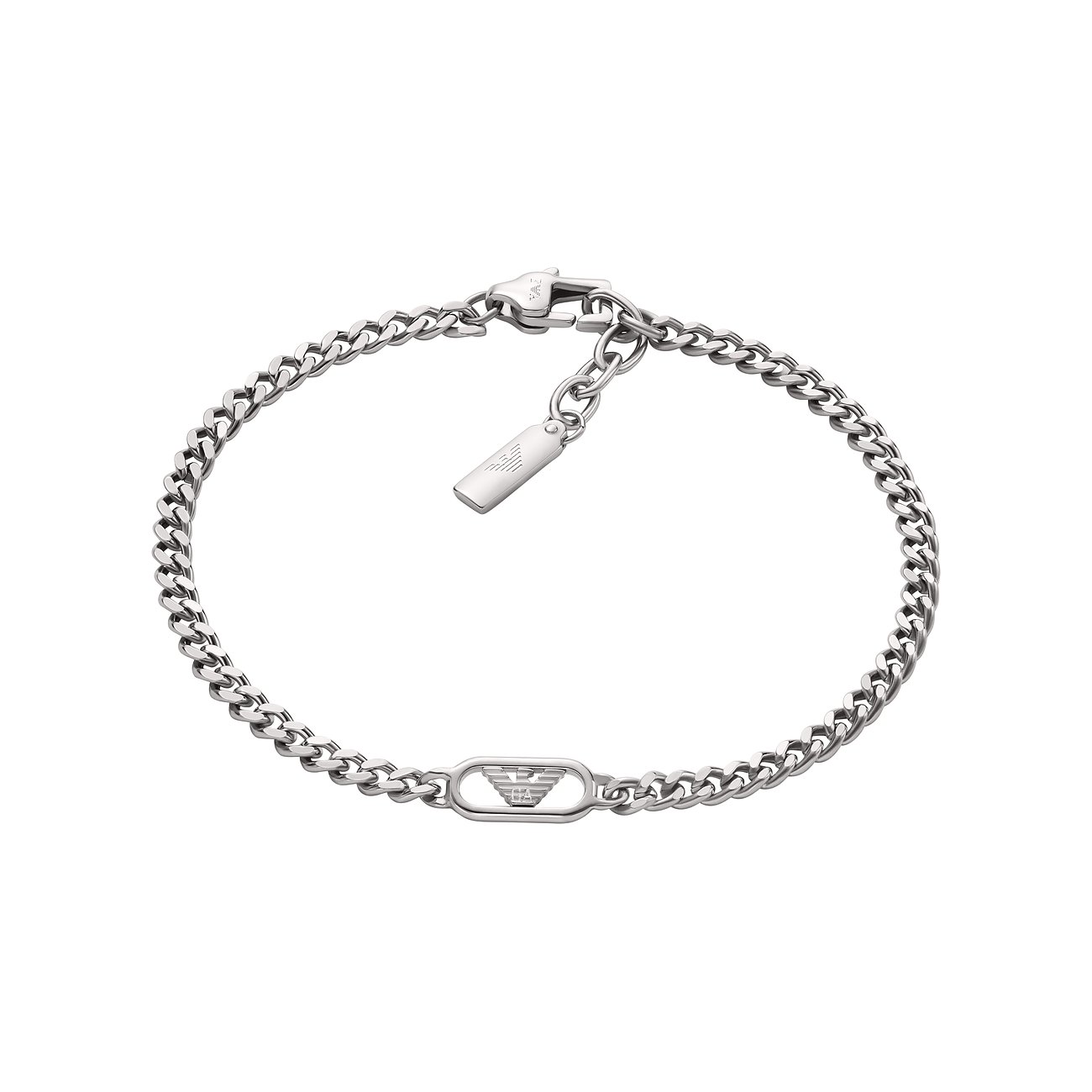Bracelet Emporio Armani homme, acier inoxydable, argent, emblème ovale logo, fermoir mousqueton, pendentif Armani.