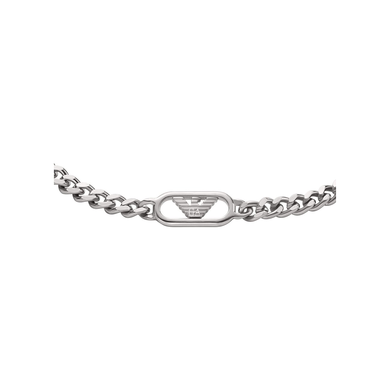 Bracelet Emporio Armani en acier inoxydable avec maillons et logo aigle au centre.