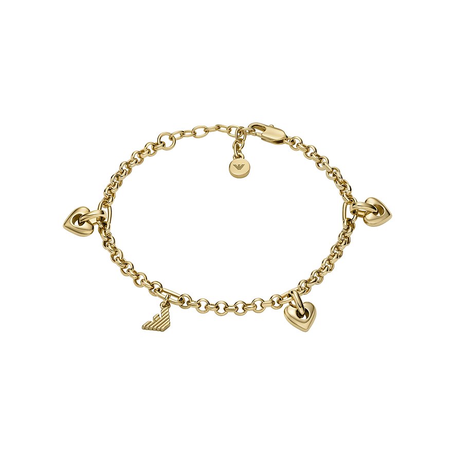 Bracciale Emporio Armani in metallo color oro con catena tonda, tre ciondoli a cuore e logo del brand.