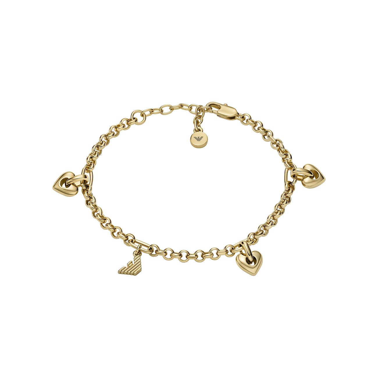 Bracciale Emporio Armani in metallo color oro con catena tonda, tre ciondoli a cuore e logo del brand.