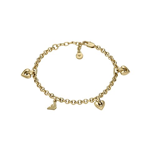 Emporio Armani Armband aus goldfarbenem Metall mit runder Kette und drei Herzanhängern sowie Markenlogo.