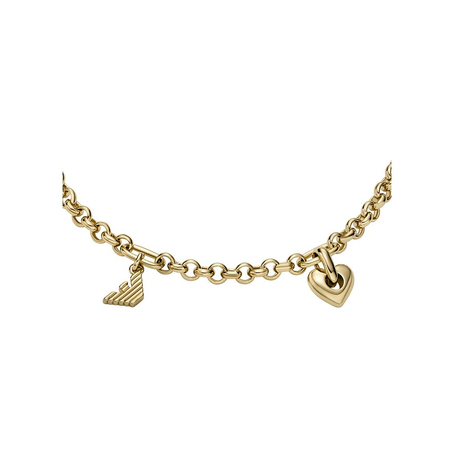 Bracciale Emporio Armani in metallo giallo con ciondoli a cuore e aquila.
