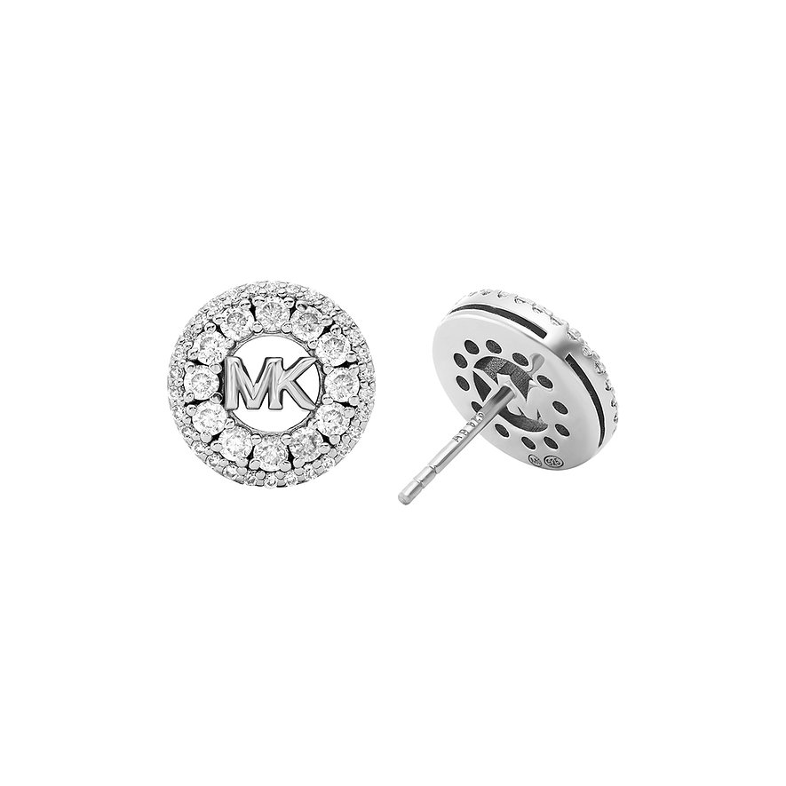 Michael Kors 925 sterling silver stud earrings with an MK logo surrounded by zirconia, and a stud closure back view.