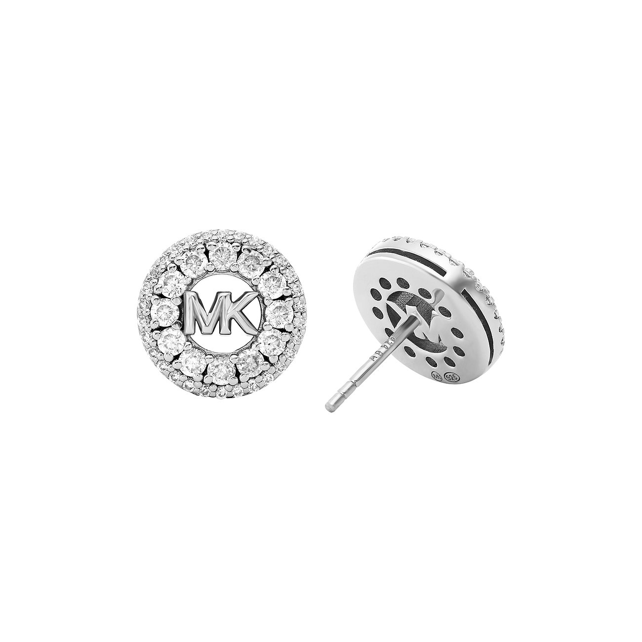 Michael Kors 925 sterling silver stud earrings with an MK logo surrounded by zirconia, and a stud closure back view.