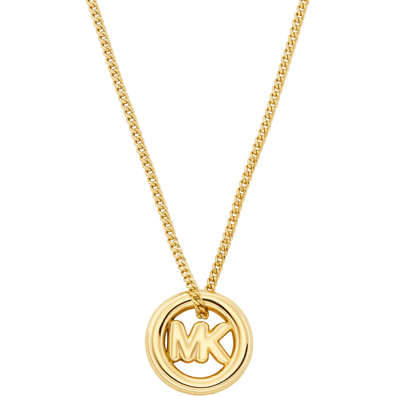 Michael Kors guldfarvet metalhalskæde med rundt vedhæng og MK-logo i midten.