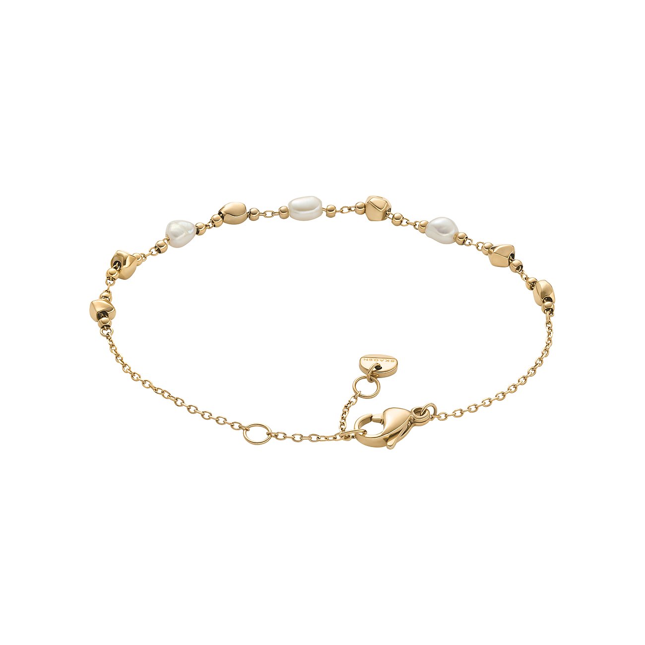 Skagen Armband aus goldenem Edelstahl mit unregelmäßigen Perlen und kleinen goldenen Elementen.