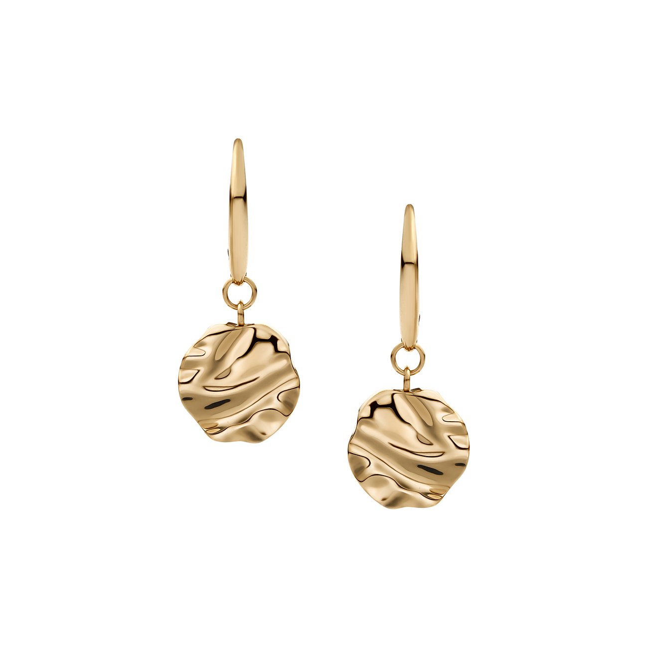 Boucles d'oreilles Skagen en acier inoxydable plaqué or jaune avec pendentifs ronds irréguliers et texturés.