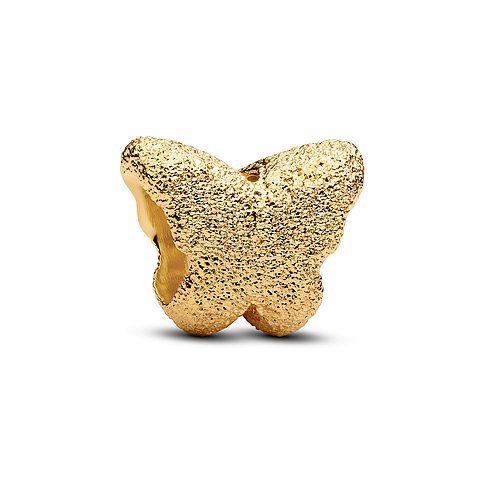 Ein Pandora Schmetterlings-Anhänger aus goldenem Metall mit einer geriffelten, unebenen Oberfläche.