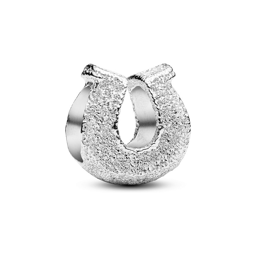 Pandora Hufeisen-Charm aus 925er Silber, oben offen, mit gehämmerter, strukturierter Oberfläche.