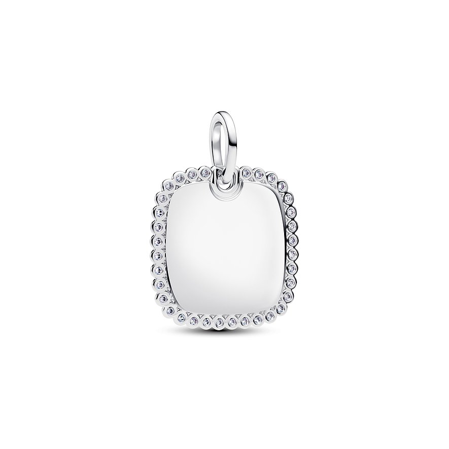 Pandora Anhängeschmuck aus Silber, quadratisch mit abgerundeten Ecken, umrandet von Zirkonia-Steinen.