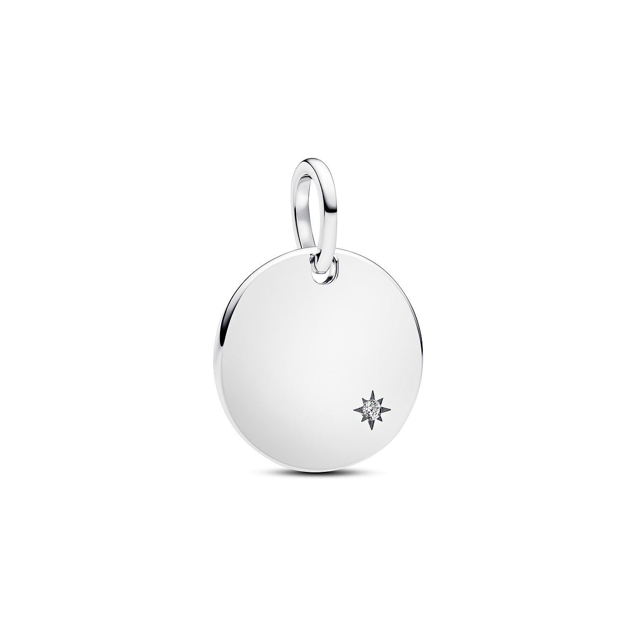 Pandora Anhängeschmuck aus Silber, runder Anhänger mit einem Diamanten in Sternform.