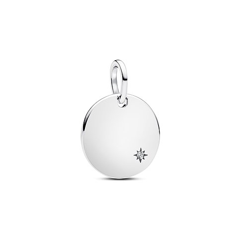 Pandora Anhängeschmuck aus Silber, runder Anhänger mit einem Diamanten in Sternform.