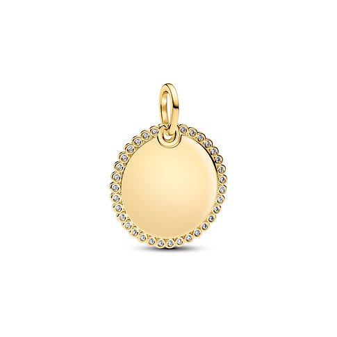 Pandora Anhängeschmuck aus goldfarbenem Metall mit Zirkonia-Verzierung am Rand des runden Medaillons.