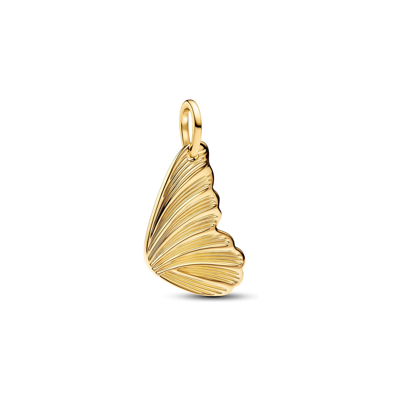Pandora Anhängerschmuck aus goldenem Metall in Form eines eleganten Schmetterlingsflügels mit feinen Rillen.