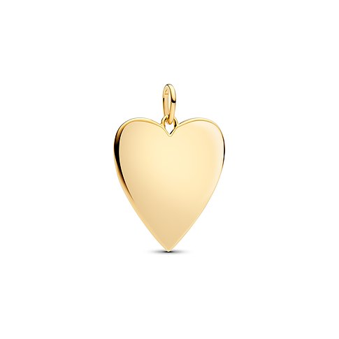 Ein glänzender goldfarbener Pandora Herz-Anhänger aus Metall, der das Licht sanft reflektiert und polierte Kanten hat.
