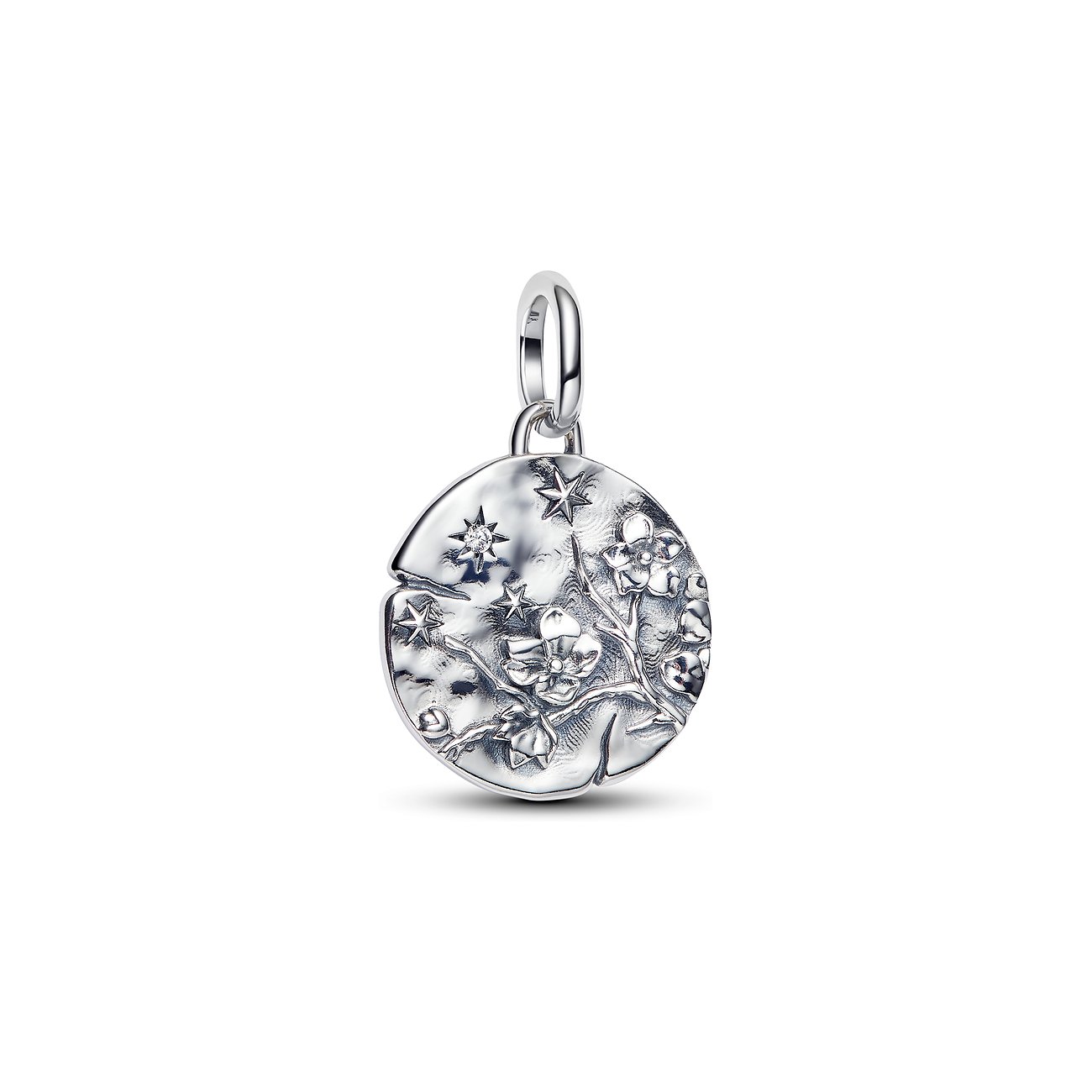 Pandora Anhängeschmuck aus 925er Silber mit Mond- und Blütenmotiv, verziert mit einem Farbstein aus Zirkonia.