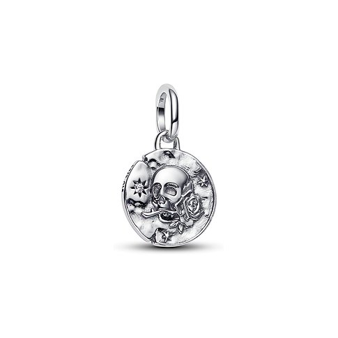 Detaillierter Pandora Silberanhänger: Totenkopf mit Rose im Mund, Zirkonia-Stern.