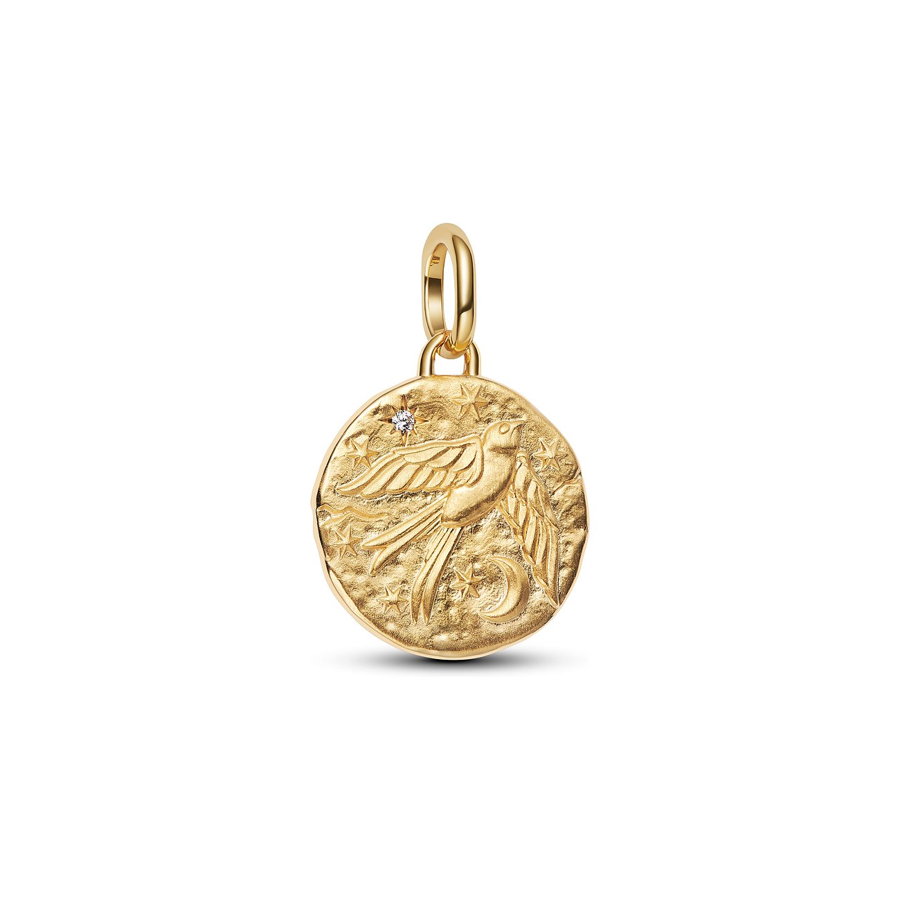 Pandora Anhängerschmuck aus goldfarbenem Metall mit Vogelmotiv, Sternen, Mond und einem klaren Zirkonia.