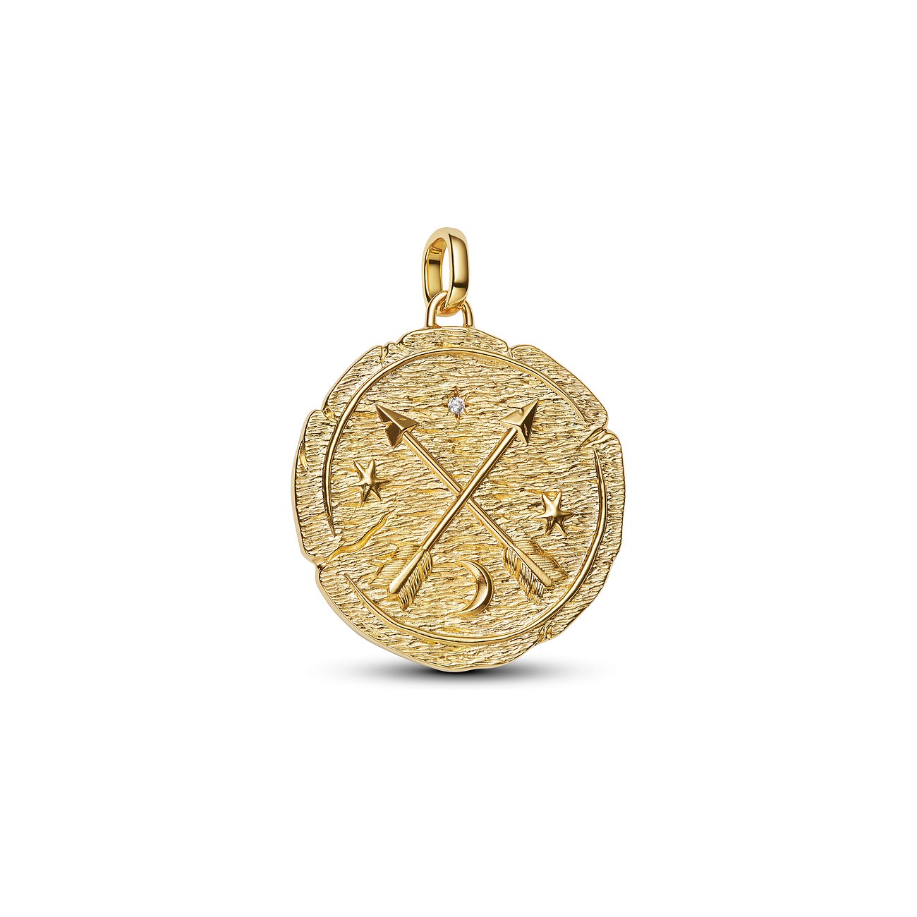 Pandora Anhänger: Goldene Münze mit gekreuzten Pfeilen, Mond, Sternen und hellem Zirkonia.