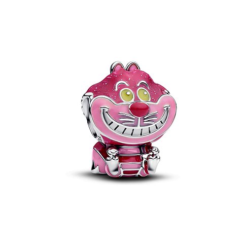 Pandora Charm aus 925er Silber und rosafarbener Emaille, das die Grinsekatze mit einem breiten Lächeln darstellt.