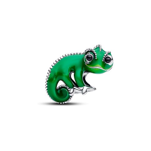 Pandora Charm in Form eines Chamäleons aus 925er Silber und grüner Emaille mit funkelndem Kristall.