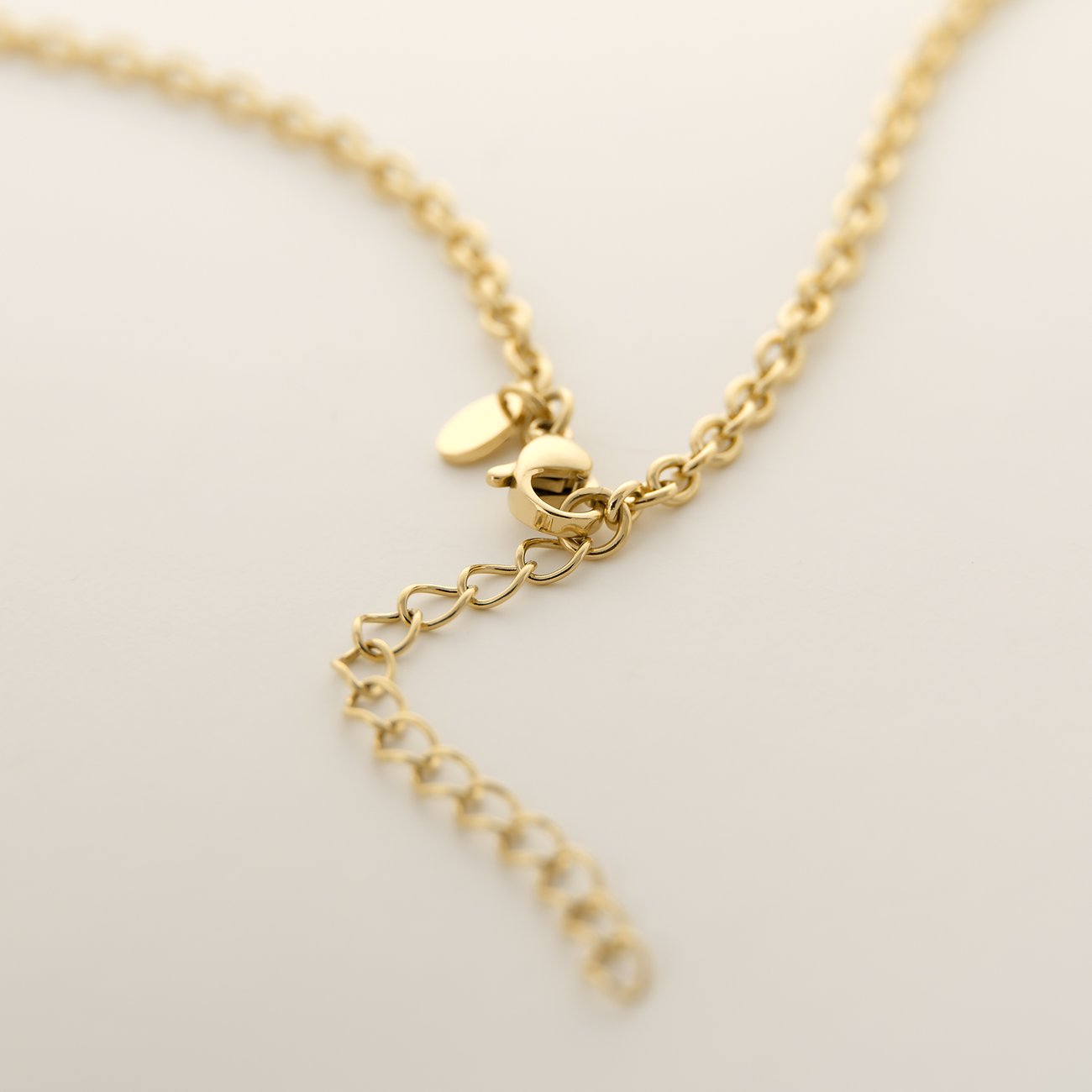 Detailansicht der goldfarbenen Kette der FAVS Halsschmuck mit einem Verschluss aus Edelstahl und Verlängerungskettchen.