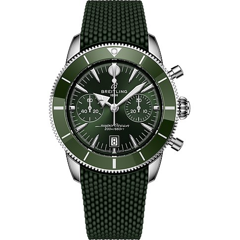 Breitling Superocean Herrenuhr aus Edelstahl mit dunkelgrünem Zifferblatt und passendem strukturierten Kautschukarmband.