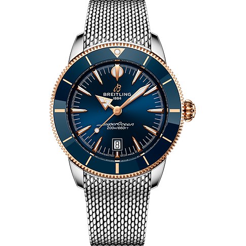 Breitling Herrenuhr aus Edelstahl mit marineblauem Zifferblatt und einem Milanaise-Armband