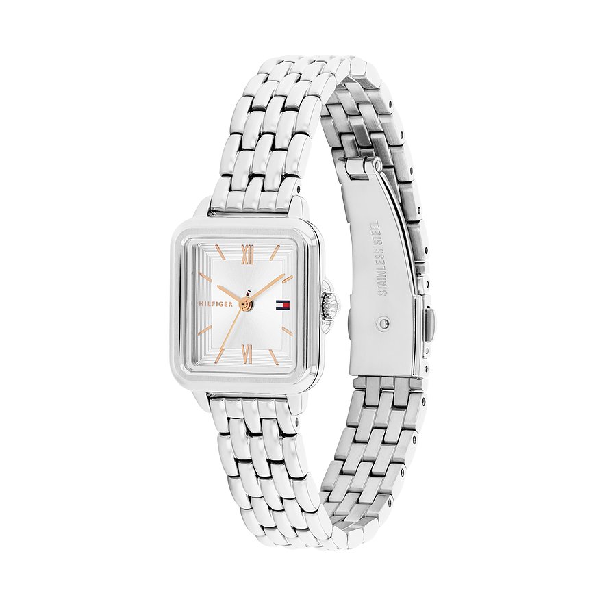 Tommy Hilfiger Damenuhr aus Edelstahl: silberfarbenes Armband mit offener Schnalle, silbernes Zifferblatt.