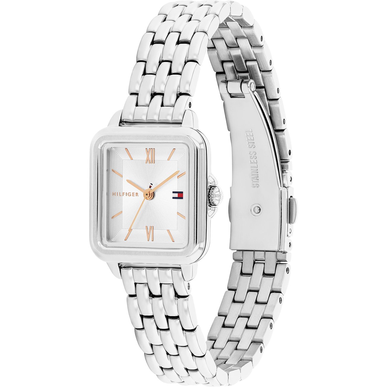 Tommy Hilfiger Damenuhr aus Edelstahl: silberfarbenes Armband mit offener Schnalle, silbernes Zifferblatt.