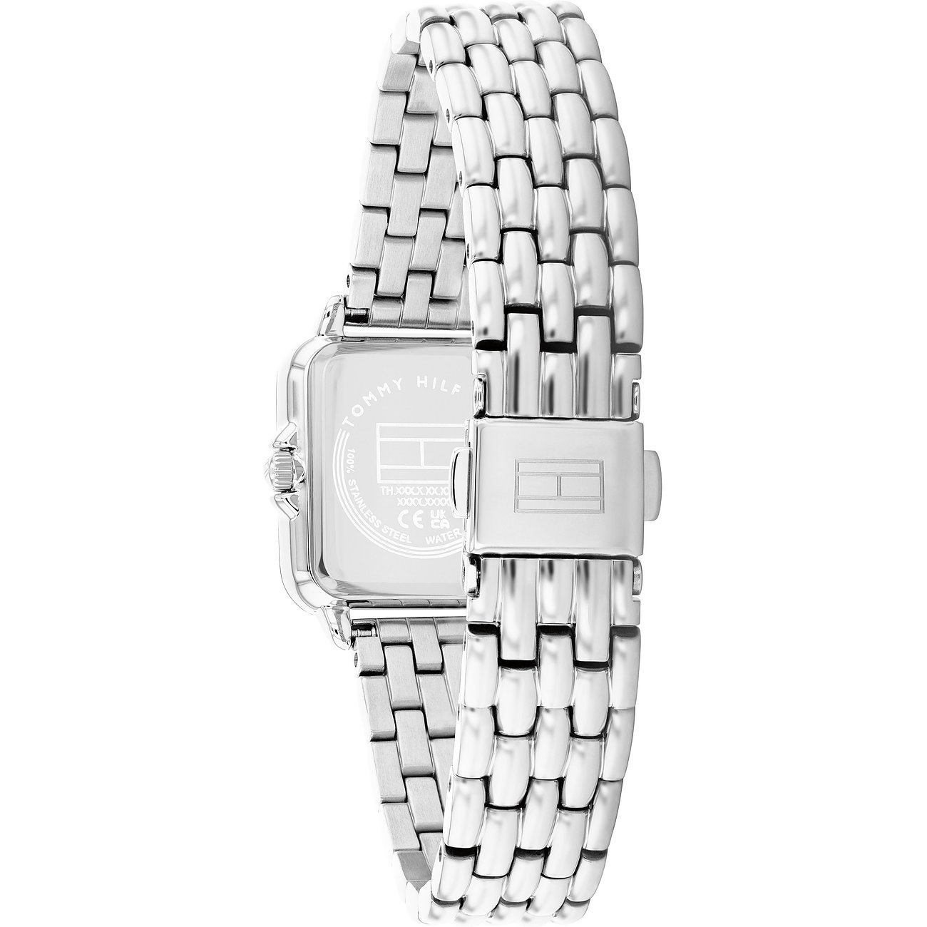 Rückseite einer Tommy Hilfiger Damenuhr aus Edelstahl mit eckigem Gehäuse, Gliederarmband und Verschluss mit Logo.