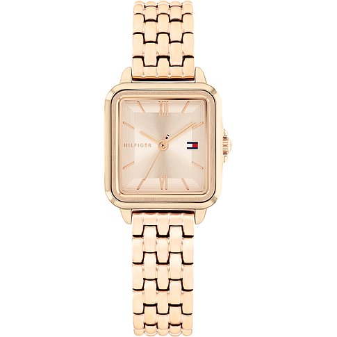 Die "Tommy Hilfiger" Damenuhr aus roségoldenem Edelstahl von oben zeigt das quadratische Zifferblatt mit römischen Ziffern.