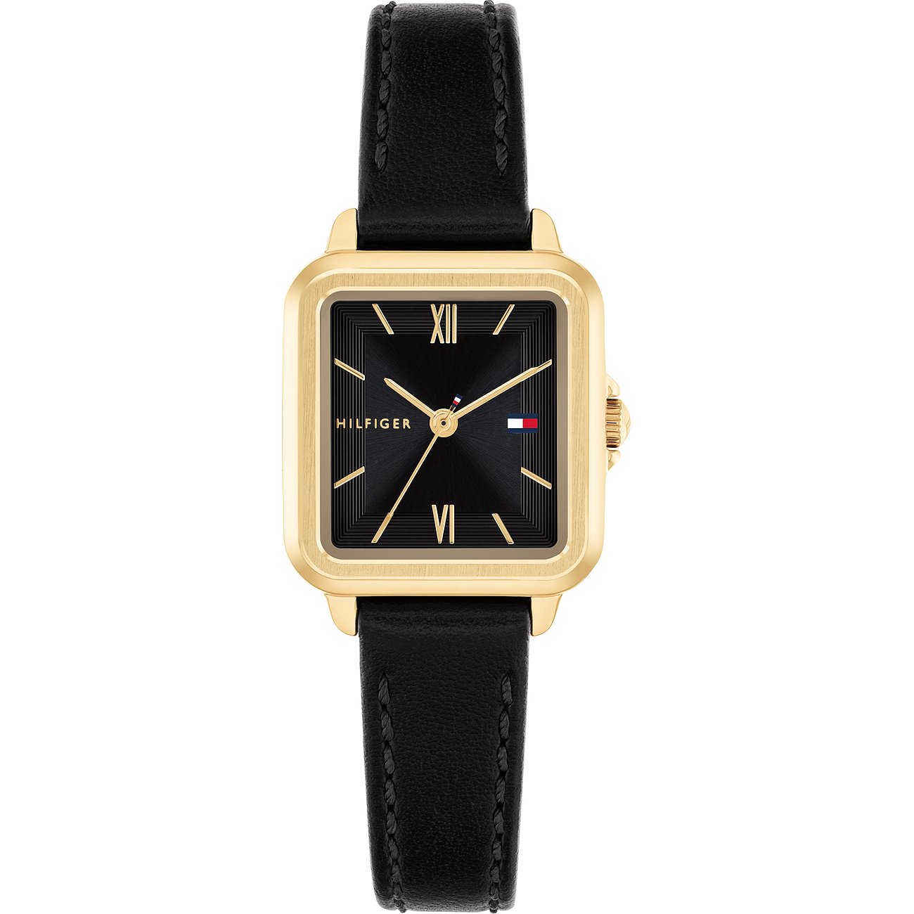 Tommy Hilfiger Damenuhr: goldfarbener Edelstahl, schwarzes Zifferblatt mit goldenen römischen Ziffern, schwarzes Lederarmband.