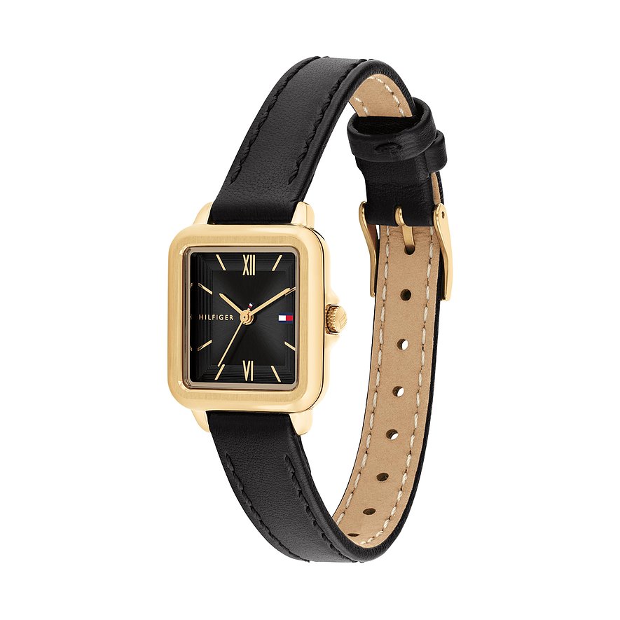 Tommy Hilfiger Damenuhr aus goldfarbenem Edelstahl mit schwarzem Lederband und schwarzem Zifferblatt.