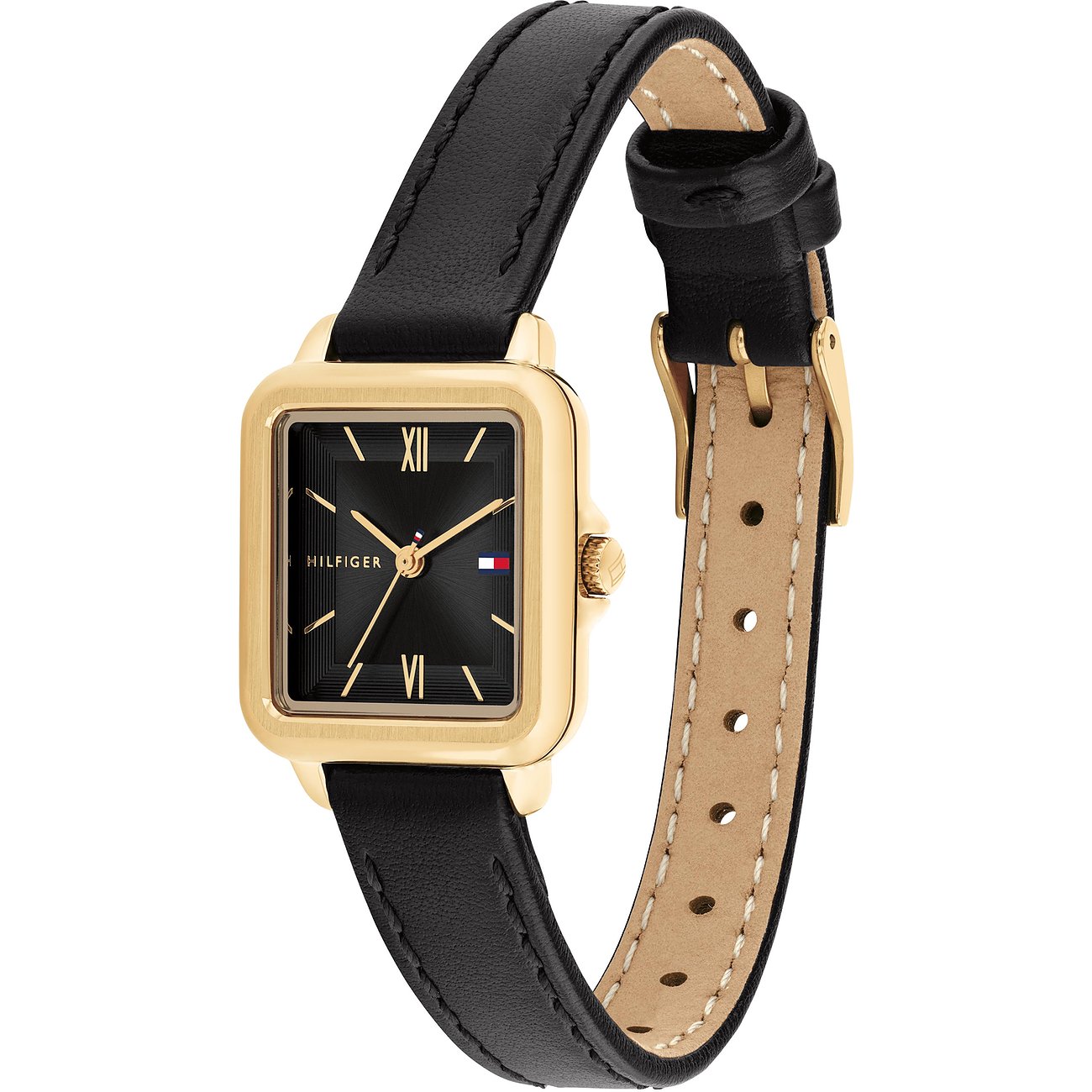 Tommy Hilfiger Damenuhr aus goldfarbenem Edelstahl mit schwarzem Lederband und schwarzem Zifferblatt.