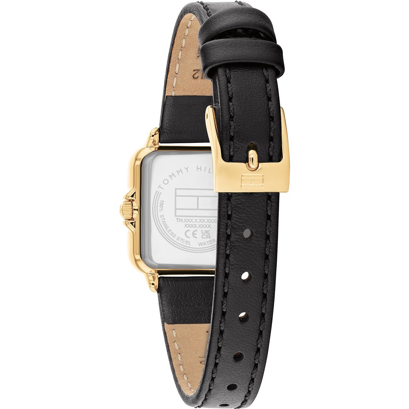 Rückansicht der rechteckigen Tommy Hilfiger Damenuhr aus goldfarbenem Edelstahl mit schwarzem Lederarmband und Dornschließe.