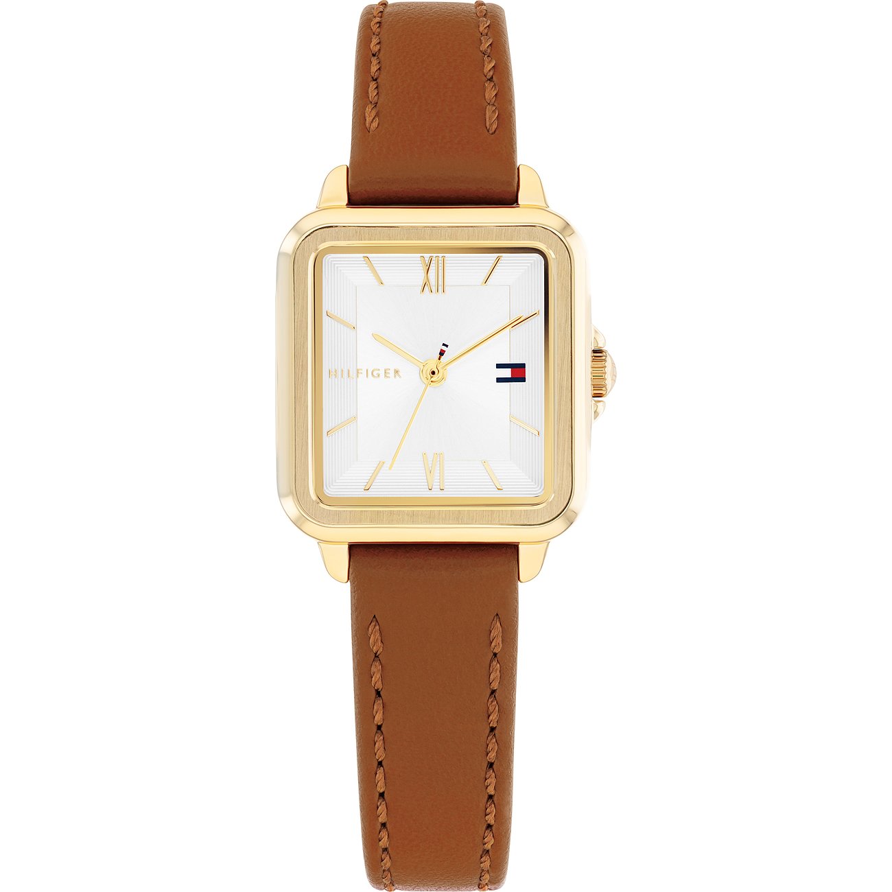 Tommy Hilfiger Damenuhr aus goldfarbenem Edelstahl mit eckigem Zifferblatt und braunem Lederarmband.