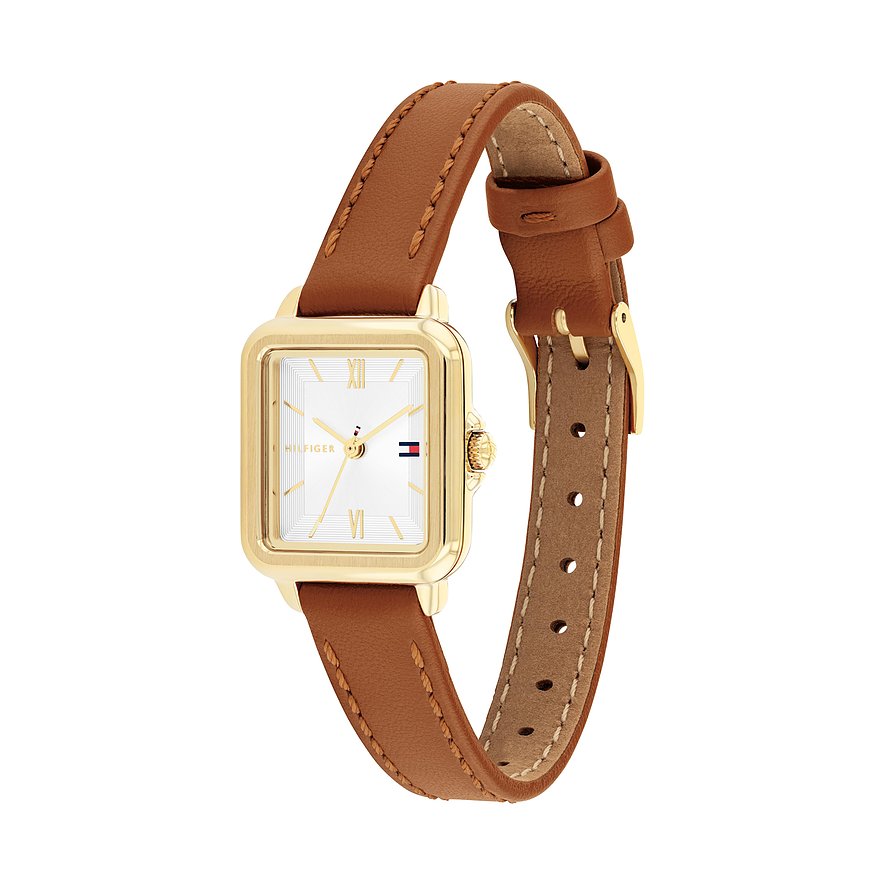Tommy Hilfiger Damenuhr aus goldfarbenem Edelstahl mit eckigem Zifferblatt und braunem Lederarmband.