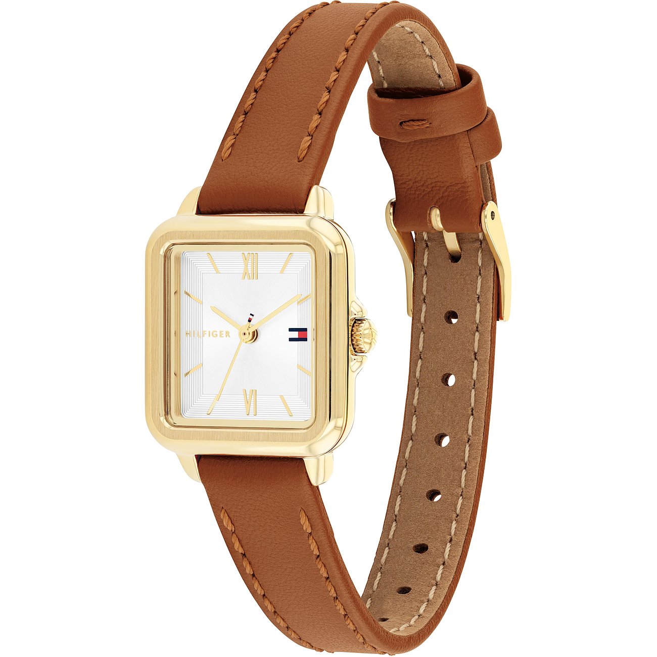 Tommy Hilfiger Damenuhr aus goldfarbenem Edelstahl mit eckigem Zifferblatt und braunem Lederarmband.