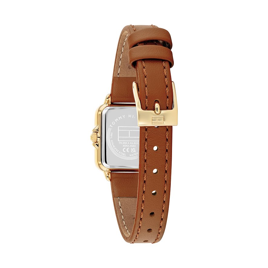 Rückansicht der Tommy Hilfiger Damenuhr aus goldfarbenem Edelstahl, mit braunem Lederarmband und Dornschließe.