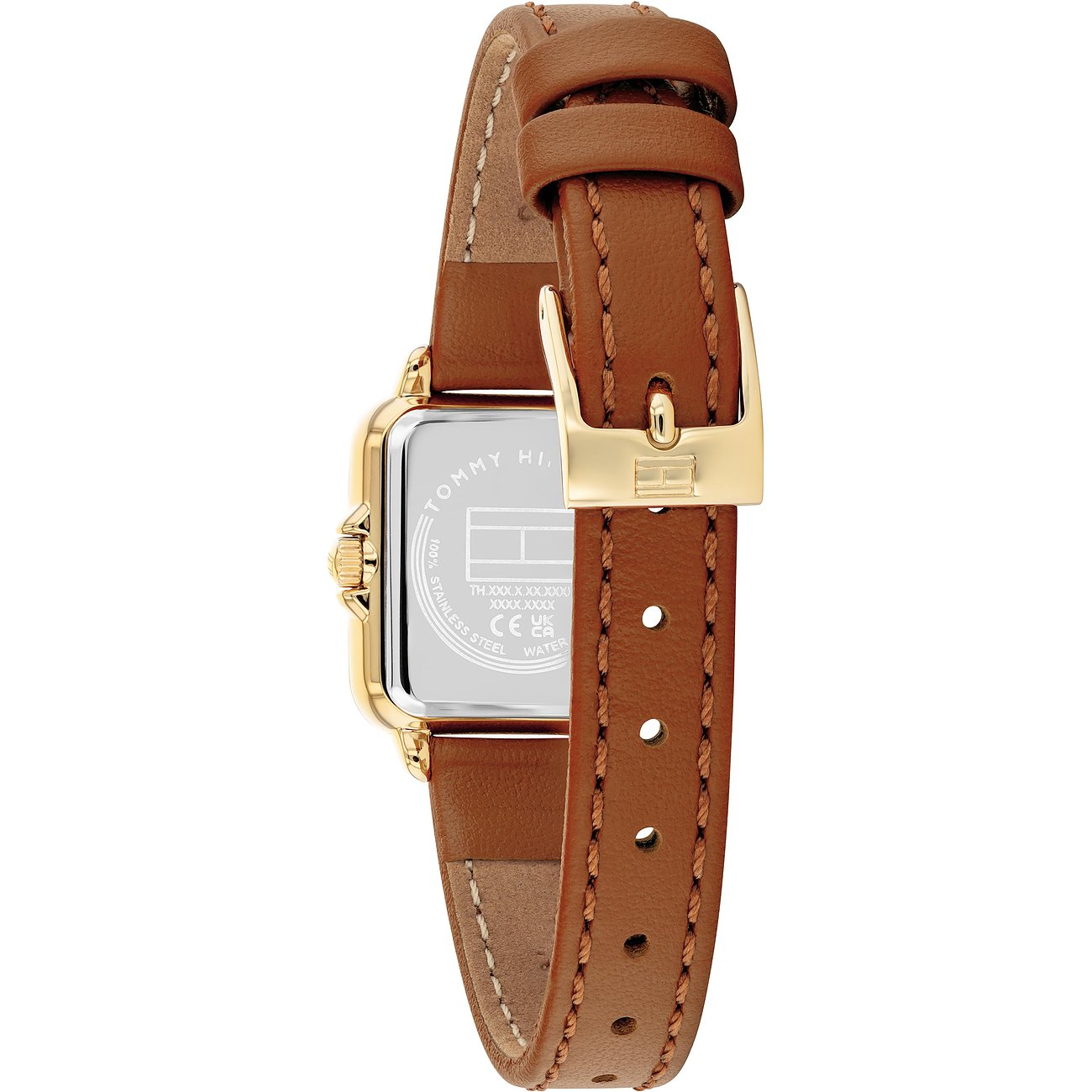 Rückansicht der Tommy Hilfiger Damenuhr aus goldfarbenem Edelstahl, mit braunem Lederarmband und Dornschließe.