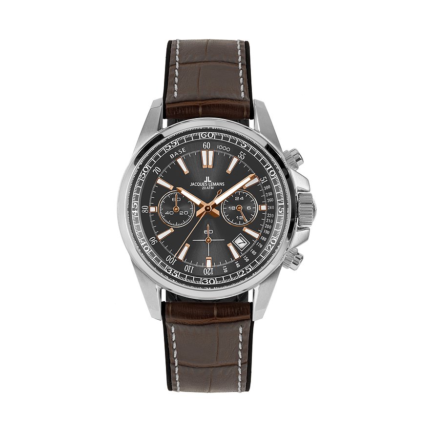 Jacques Lemans Chronograph Liverpool 1-2117W, Herren, Edelstahl, Armband: Leder, Quarz, analog