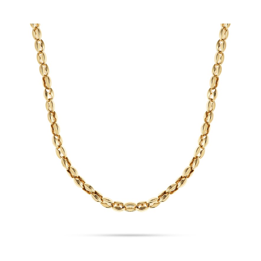 FAVS Halskette aus goldfarbenem Edelstahl. Eine glänzende Kette mit kaffeebohnenartigen Gliedern, mittig gebogen.